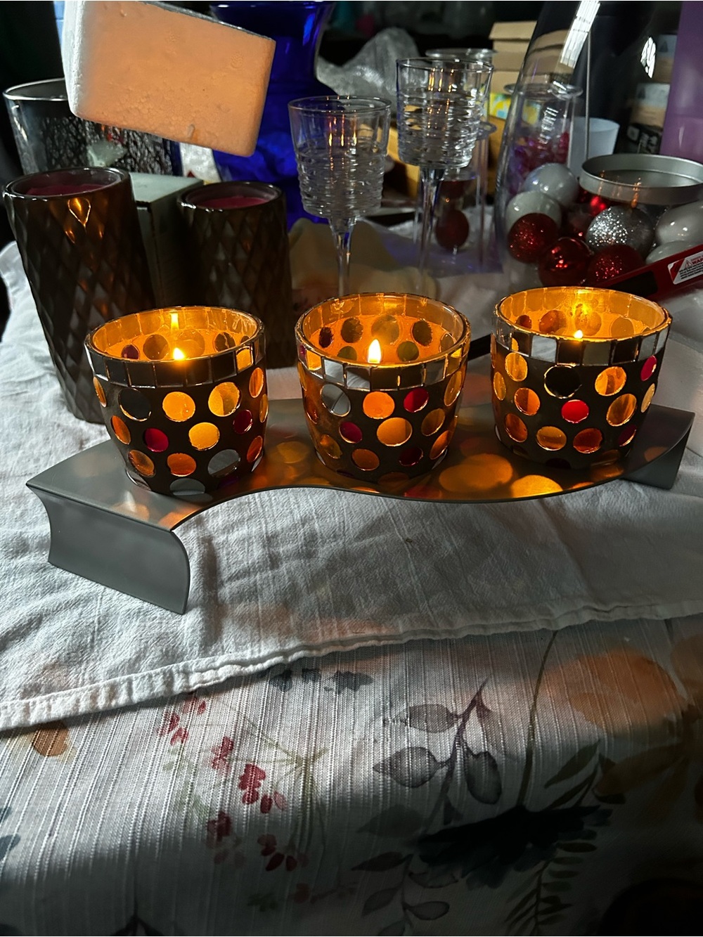 Partylite Glass Tea Light Trio Candle Holder in Amber and Red